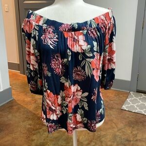 Loveappella Floral Off-Shoulder Blouse - Navy and Coral